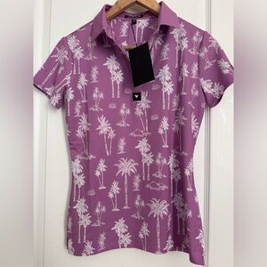 NWT Bad Birdie Women’s Purple Palm Tree Print Golf Polo Shirt- size S